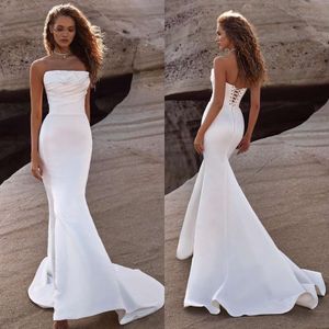 Milla Nova Mermaid Dresses Strapless Satin Dress Sweep Train Lace Up Back Wedding Bridal Gowns