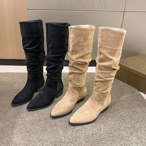 Cowboy 155 botas para mulheres ocidentais de ponta de dedo do dedo do pé de camurça sapatos de couro joelho alto salto gracioso