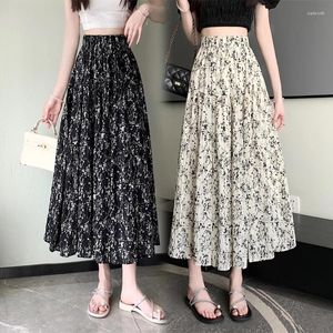 Skirts Women Long Skirt Spring 2024 Office Lady Korea Style Solid Knitted Floral Print Folds High Waist