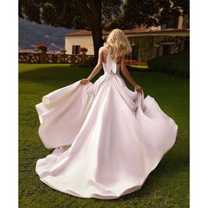 Bohemian plus prosty rozmiar Linia sukienki ślubne Kobiet kantarki Satynowe Backless High Side Split Sweet pociąg ślubny Suknia Ślubna Druga sukienka odbioru na wesele