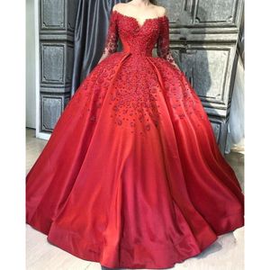 Plus Elegant Red Size Ball Gown Quinceanera Long Sleeve Prom Dresses With Pearls Lace Applique Formal Dress Evening Gowns S