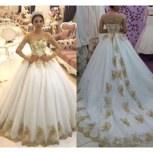 Dubai Gold Sequined Arabic Wedding Dress Vintage Long Sleeves Court Train Plus Size Bridal Gown Custom Made Bc
