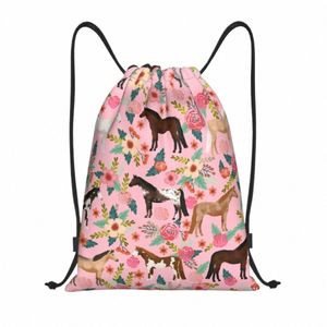 Anpassade hästar Floral DrawString Bag Kvinnor Män Lätt häst avlar gårdsdjur husdjur sport gymmet förvaring ryggsäck z12f#