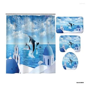Duschgardiner Creative Tourism Natural Scenery Curtain Set 3D Digital Printing Thicked Polyester Non-Slip Bath Mat