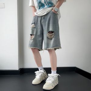 Summer Mens Baggy Straight Denim Shorts Korean Style Fashion Casual Loose Hole Short Jeans Man Blue S2XL 240416
