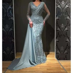 Arabic Dubai Turkish Long Sleeves Women Evening Dresses Mermaid V Neck Overskirts Ruched Satin Formal Occasion Party Gowns Embroidery Lace Beaded Vestidos CL2284