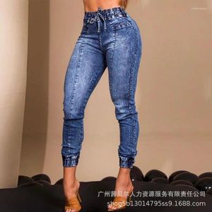 Kvinnors jeans 2024 kvinnor vår sommar mode elastisk midja snörning smala fit byxor denim byxor avslappnad