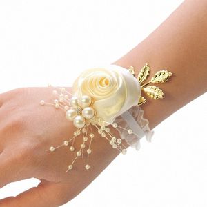 Bridesmaid Faux Rose Armband Wedding Wrist Corsage Pearl Bow Bridal Gifts Hand FRS Party Prom Supplies Polyester Ribb X0XG#