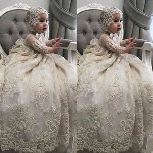 White Ivory Christening Gown for Little Kids O Neck Long Sleeve Lace Pearls First Communion Dress Toddler Infant Baptism Gowns 242m