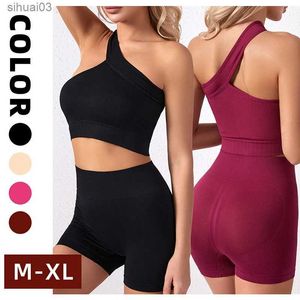 Women's Tracksuits 2 Pcs Yoga Set Women Seamless Gym Sportswear Outfits Workout Fitness Bras Female One Shoulder Sports Suit High Waist ShortsL2403