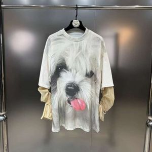 2024 Spring Leisure Fashion Print Dog Painel solto Mesh Meshade Sleeve T-shirt de duas peças para mulheres
