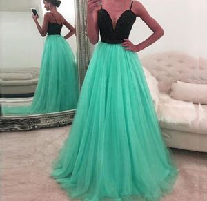 Popular Two Tone Prom Dress Long Formal Black Top Turquoise Tulle Prom Dresses Evening Gown with Beading5808036
