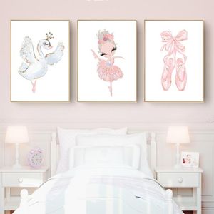 Pink Swan Princess Nursery Wall Art Tela Painting Ballerina Poster e stampe Nordic Kid Girl Girl Room Decor Picture1559124