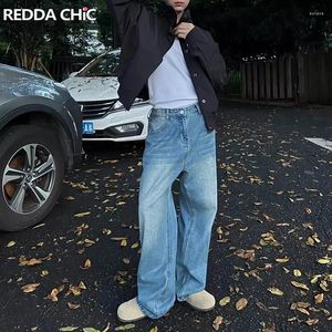 Men's Jeans REDDACHIC Vintage Blue Whiskers Baggy For Men Light Wash Cleanfit Straight Wide Leg Casual Denim Pants Korean Streetwear