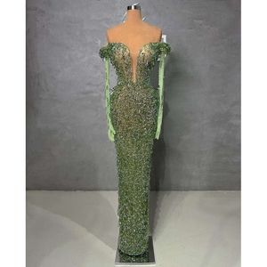 Prom Mermaid Green Dresses Long Sleeves V Neck Appliques Sequins Beaded Floor Length D Lace Hollow Diamonds Pearls Evening Dress Bridal Gowns Plus Size Custom
