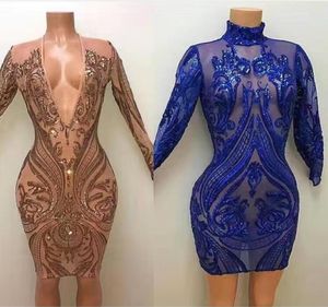 2017 Sexy Short Sheath Prom Dresses with Plunging V Neck Long Sleeves Illusion Sequined Lace Cheap Mini Bling Party Evening Gowns5806737