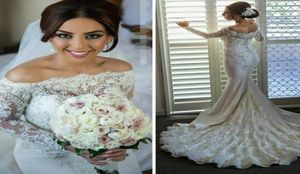 Luxury Lace Arabic Mermaid Wedding Dresses with Long Sleeve Appliques Pearls Dubai Bridal Gowns Court Train Pakistani Vestido De N5124737