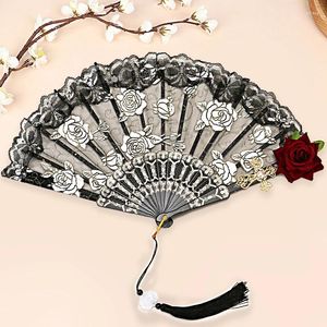 Decorative Figurines European Lolita Folding Fan Rose Flower Party Decoration Wedding Lace Portable Retro Gorgeous Chic Dance Hand