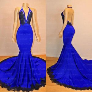 Mermaid Royal Blue Long Prom Halfer Deep v Hals Rückenless Spitzen Applikationen Few Zug formelle Abendkleider roter Teppichkleider