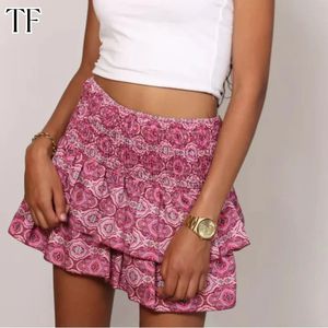 Yaz Çiçek Pileli Etek Kadınlar Vintage Fırfır Baskı Pembe Moda Y2K Kısa Etek Eğlence Tatil Bohemian Miniskirt 240416