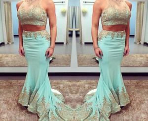 Two Pieces Dresses Party Evening Gowns Sheer Neck Gold Applique Mermiad Prom Dresses Sweep Train Satin Celebrity Formal Homecoming5934733