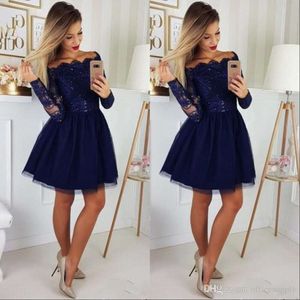 Simple A Line Sexy Homecoming Navy Blue Off Shoulder Long Sleeves Tulle Lace Applique Short Tail Party Dresses Vestidos