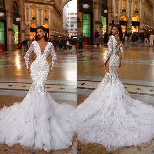 Mermaid Elegant Applique Wedding Dresses Lace Bridal Gowns Ruffles Long Sleeve Beaded V Neck Sweep Train Robe