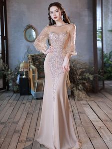 Sheer Neck Mermaid Prom Dresses Long Sleeve Crystals Bling Satin Beadings Sequined High Split Gowns Formal Mother Of The Bride Plus Size Even Dress