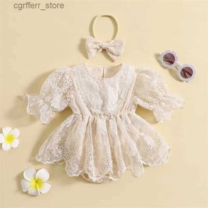 ROMPERS Hörenwind 0-2Y Mädchen lässig Lace Spitzen Strampler Kleid Set Sommer Blumensticke Kurzärmel-Overalls und elastisches Stirnband L410