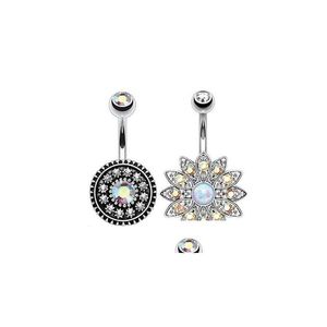 Navel Bell Button Rings 2Pcs/Set Vintage Flower Round Sexy Belly Dance Crystal Body Jewelry Stainless Steel Piercing Dangle For Dr Dhgdk