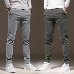 Autumn Mens Cotton Stretch Casual Pants Classic Slim Straight Fashion Korean Elastic Waist Cargo Trousers Black Gray Green 240415