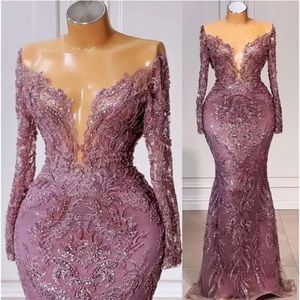 Plus Size Arabic Aso Ebi Mermaid Prom Dresses Lace Beaded long sleeve Evening Formal Party Second Reception Custom Made