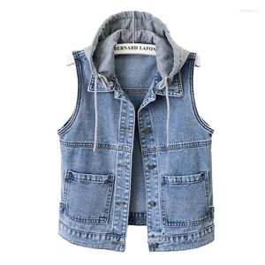 Frauenwesten Sommer Vintage Abnehmbarer Kapuzenpocket Denim Weste Frauen Weste Cowboy Ärmellose Mantel Wäsche Blau Schlankes Kurzjeans Weiblich