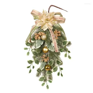 Dekorativa blommor Golden Christmas Flower Upside Down Tree Decoration Door Hanging Decor White Border Leaves Holiday Xmas Dekorationer