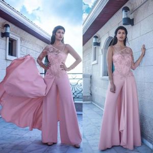 Shoulder Sexy One Pink Arabic Dresses Evening Wear Long Sleeve Lace Appliqued Prom Gowns Vintage Formal Pants