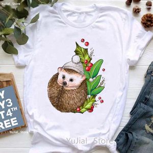 Damen T-Shirts Aquarell Kawaii Hedgehog Print Shirt Frauen Kleidung 2024 Lustige Sonnenblume T-Shirt Femme White Casual Kurzarm T-Shirt