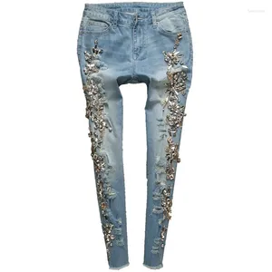 Women's Jeans 25-32!spring Autumn Fashion Diamond Beadeding Women Hole Blue Pencil Denim Vintage Skinny