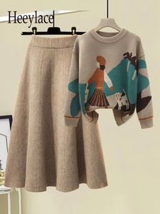 Autumn Winter Warm malha dois conjuntos para mulheres suéter de manga longa e saias de tricô alta