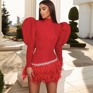 Fashion Women Elegant Luxury Sleeves Round-Neck Womens Bandage Dresses New Red Black Feather Long Sleeve Short Skirt Elegant Mini Dresses