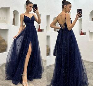 Reflective Navy Blue Sequined Evening Dresses Sexy Backless A Line Spaghetti Straps Split Women occasion Party Prom Gowns Plus Size BC18588