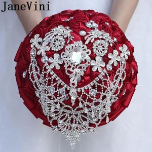 結婚式の花Janevini Burgundy Rhinestone Bouquets with Silver Crystal Luxury Diamond Beaded Satin Rose Bridal Flower Bouquet 2024