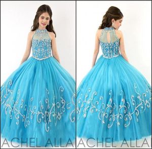 Rachel Allan Perfect Angels Girls Pageant Dresses 2016 Turquoise Halter Neck With Rhinestones Corset Ruffles Tulle Child Party Gow8432471