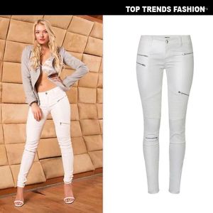 Damne dżinsy białe sztuczne skórzane jeansowe legginsy Patchwork Multi Zipper Motorcycle Pants