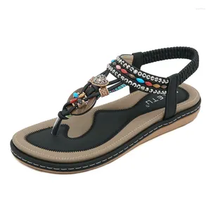 Sandals Summer Women 2cm Platform 2.5cm High Heels Elastic Lady Comfortable String Bead Shoes Female Patchwork Flip Flops Flats