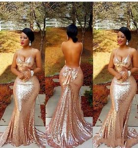 Sparkly African Sequins Rose Gold Mermaid Prom Dresses 2018 Sexig plusstorlek Spaghetti -remmar Kvällsklänningar med Bow Backless Robe9967608