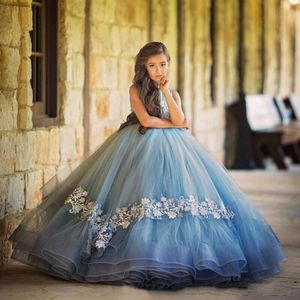 Light Sky 2018 Blue Pageant Dresses Crew Neck Lace Applique Ball Gown Ruffles Tiered Kids Long Floor Length Flower Girls Party Gowns S