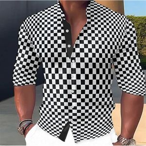 メンズシャツマッスルジムフィットネス長袖スタンドカラー黒と白の格子縞の幾何学的トレンドスタイル240401