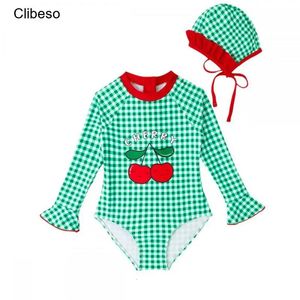 Clibeso Baby Girl Green Swimwear Long Sleeve Kids Bathing Suit Children Swimming One Piece Beach Swimsuit With Hats Clothes 240416