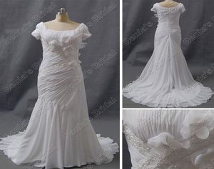 Modest Short Sleeve Wedding Dress Sheath Square Neckline Ruched 3D Flowers Beaded Court Train DB332600301