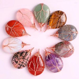 ペンダントネックレスTigereye/Agate/Opal/Rose Quartz/Green Aventurine/Amethyst/Labradorite Handmade Wire Lap Gem Teardrop Jewelry